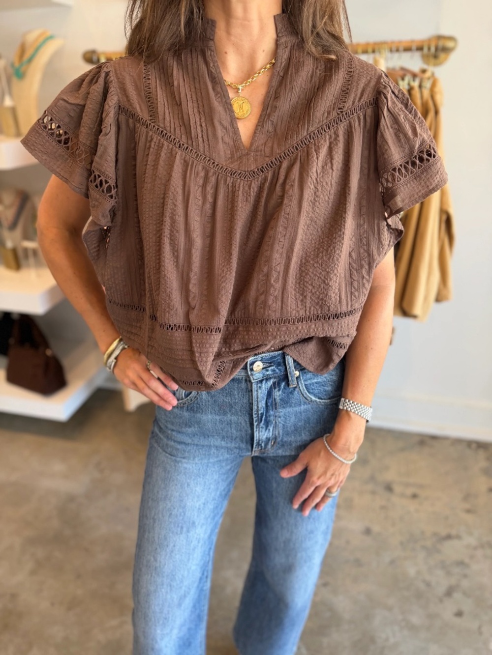 THML Mocha Flutter Top V Neck Fluttered Cut Out Top XS